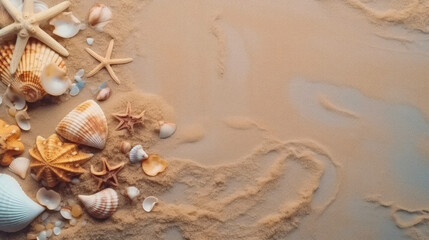 Fototapeta na wymiar The concept of a holiday at the sea. Shells, stars, a straw hat on the white sand. Generative AI