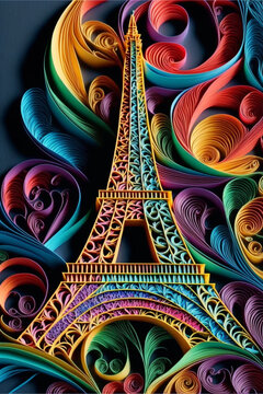 color Paper quilling of eiffel tower in paris intricat, Generative AI