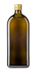 Extra virgin olive oil in dark green glass bottle isolated