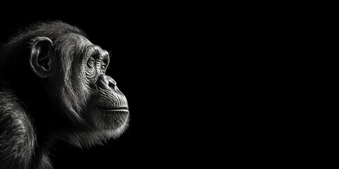 Black and white photorealistic studio portrait of a Chimpanzee on black background. Generative AI illustration