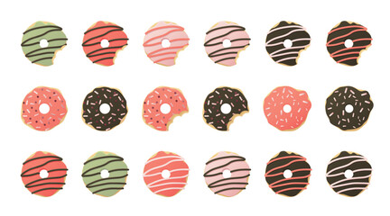 National Donut Day celebration. Colourful Set of Different donuts. Food and summer concept. Vector illustration for poster, banner, advertising, cover.