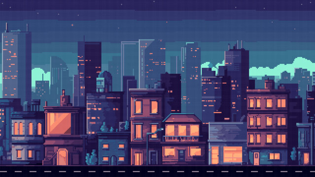 pixel art game level vector background, 8 bit cityscape, nightcity arcade video game, pixelated night city with skyscrapers, downtown landscape