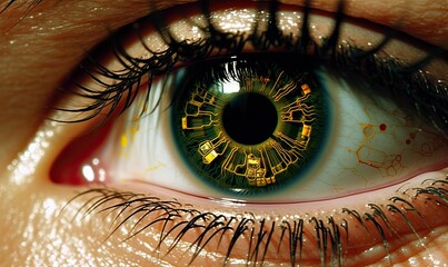 Looking into the future. A close-up of a person's eye with a computer chip as the iris.
AI-Generated