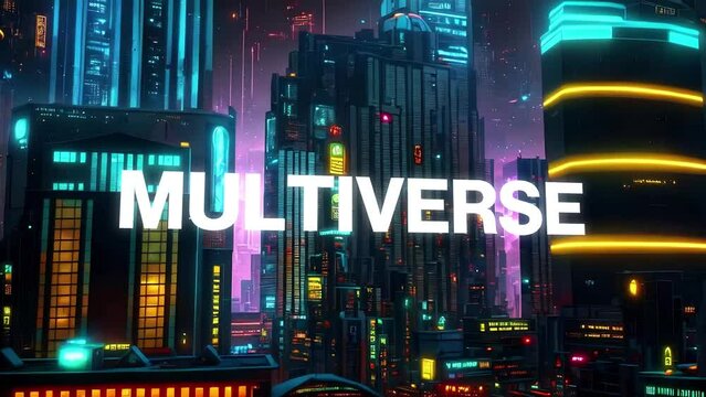 Multiverse type animation set against 3d render of a bustling cyberpunk metropolis city. Featuring a generative ai look and modern animation. 
