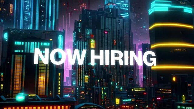 Now Hiring type animation set against 3d render of a bustling cyberpunk metropolis city. Featuring a generative ai look and modern animation. 
