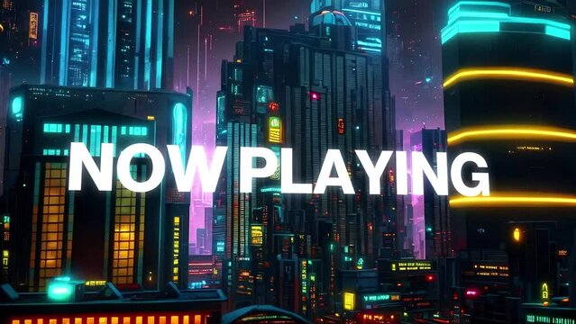 Now Playing type animation set against 3d render of a bustling cyberpunk metropolis city. Featuring a generative ai look and modern animation. 
