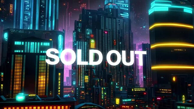 Sold Out type animation set against 3d render of a bustling cyberpunk metropolis city. Featuring a generative ai look and modern animation. 
