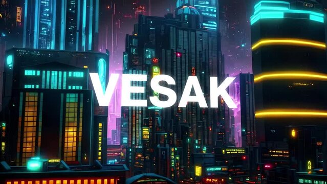 Vesak type animation set against 3d render of a bustling cyberpunk metropolis city