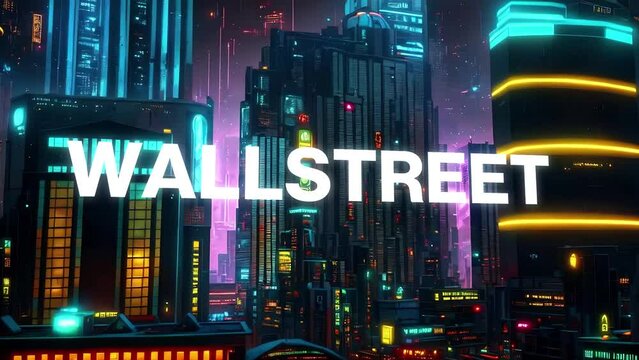 Wallstreet type animation set against 3d render of a bustling cyberpunk metropolis city. Featuring a generative ai look and modern animation. 
