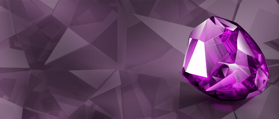 A big precious purple crystal like an amethyst with highlights and shadow on a color background. Faceted gemstone