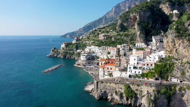 Aerial view of Atrani famous coastal village located on Amalfi Coast, Italy. Small town Atrani on Amalfi Coast in province of Salerno, Campania region, Italy. Atrani town on Amalfi coast, Italy.
