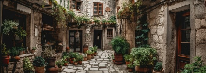 A picturesque courtyard surrounded by traditional. Horizontal banner. AI generated
