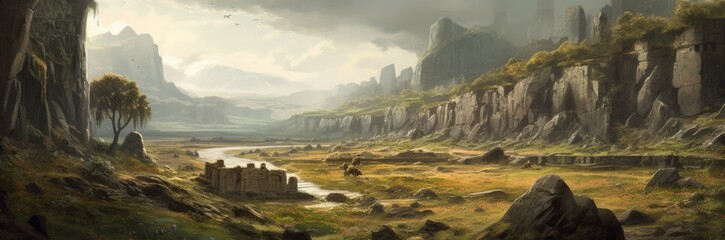 Fototapeta premium A primeval landscape with a sense of ancient history. Horizontal banner. AI generated
