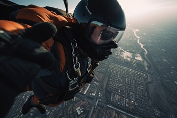 A heart-stopping photo of a skydiver in full gear about to jump out of a plane