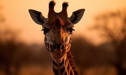 A head shot of a giraffe with nice blurred background in sunset lights, generative AI - obrazy, fototapety, plakaty
