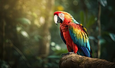 Beautiful Ara parrot on tropical forest background, generative AI