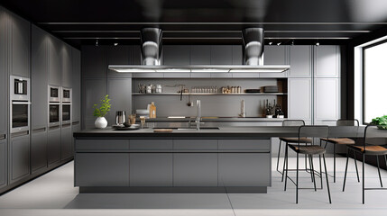 Kitchen Interior with Island, Sink, Cabinets, and Hardwood Floors in New Luxury Home. Features Elegant Pendant Light Fixtures, and Farmhouse Sink next to Window Generative AI