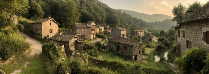Fototapeta na wymiar A quaint village nestled in a bucolic valley. Horizontal banner. AI generated