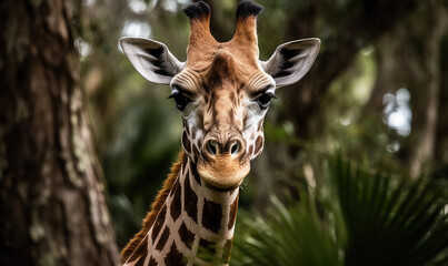 Obraz premium Close-up of a giraffe in front of some green trees, looking at the camera, generative AI