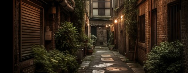 Fototapeta na wymiar A quiet alleyway with a hint of mystery. Horizontal banner. AI generated