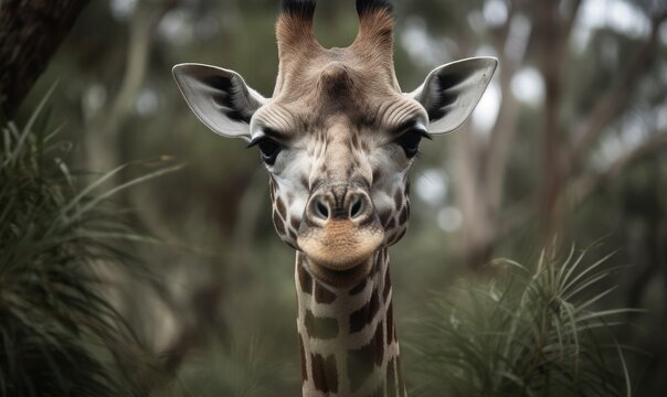 Close-up of a giraffe in front of some green trees, looking at the camera, generative AI