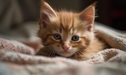 Cute little red kitten sleeps on fur white blanket, generative AI