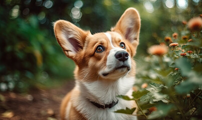 Cute puppy Pembroke Welsh Corgi with one ear standing up outdoor in summer park, generative AI