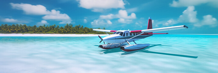 A stunning view of a sea plane gracefully landing on a pristine white sandy beach. AI generative