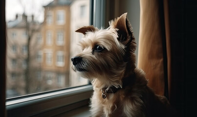 Cute small dog standing on two legs and looking away by the window searching or waiting for his owner, generative AI