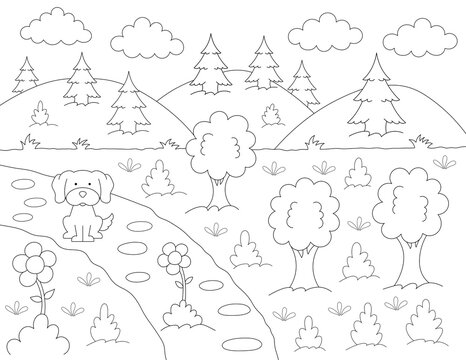 dog coloring page for kids. cute black and white design with trees, flowers and more shapes to color. you can print it on standard 8.5x11 inch paper	