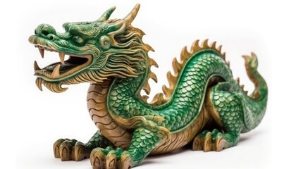 Green Chinese wooden dragon on white background, generative AI