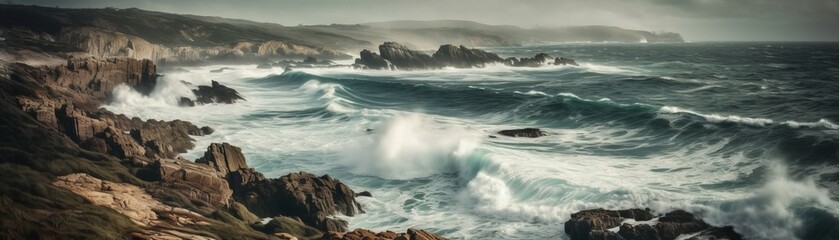 Fototapeta premium A rugged coastline with crashing waves. Horizontal banner. AI generated