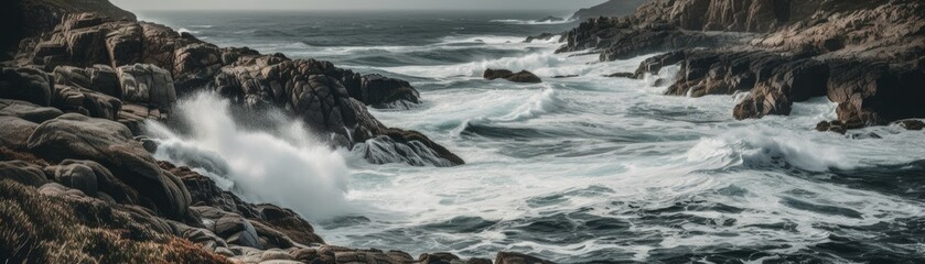 A rugged coastline with crashing waves. Horizontal banner. AI generated