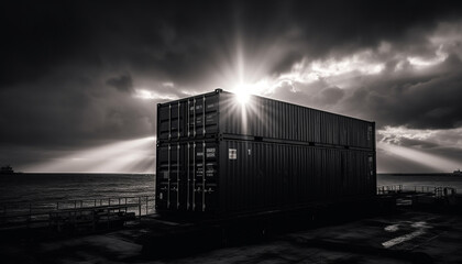 Container ship delivering cargo at sunset on water generated by AI