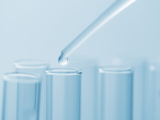 Pipette drip drops into laboratory test glass tubes, nobody. Blue tone