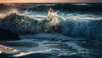 Splashing waves crash against rocky coastline at dusk generated by AI