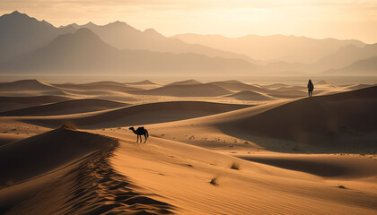 Fototapeta na wymiar Walking in solitude, ripples on sand dune generated by AI