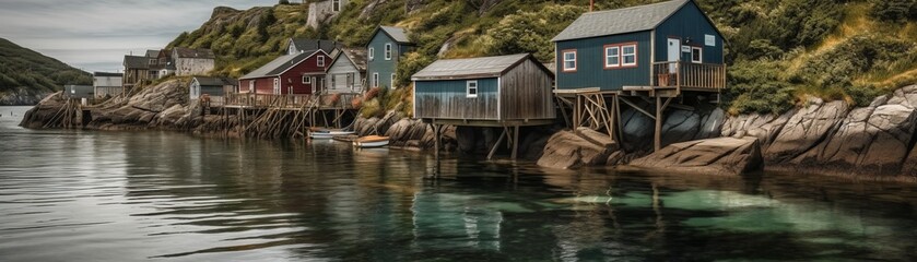 A rustic fishing village nestled in a cove. Horizontal banner. AI generated