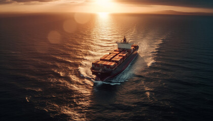 Container ship carrying cargo container at sunset generated by AI