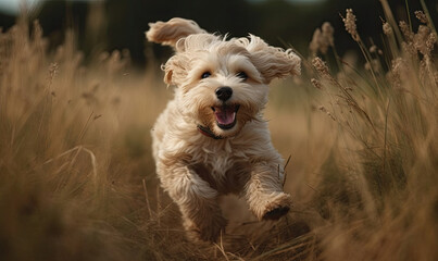 Playful happy cute smiling pet dog puppy running, jumping in the grass, generative AI