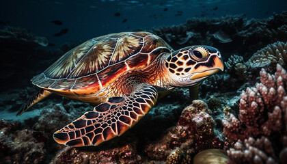 Fototapeta premium Multi colored sea turtle swims in idyllic reef generated by AI
