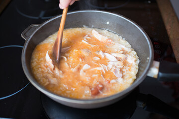 Close up of senior woman cooking rice with chicken