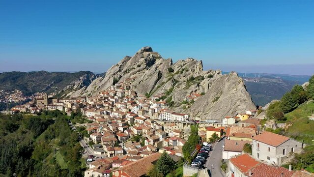 Cityscape aerial view of medieval city of Pietrapertosa, Italy. View of Pietrapertosa town in the Lucanian Dolomites in Italy. Pietrapertosa village in Apennines Dolomiti Lucane. Basilicata, Italy.