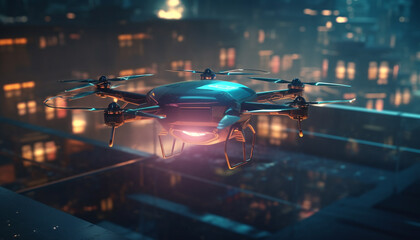 Futuristic drone mid air at cityscape generated by AI