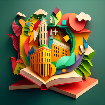Paper Cut School Education Colorful Concept. Books Students Learning Illustration. Generative AI