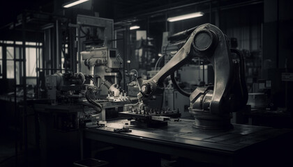 Fototapeta premium Metallic robotic arm controls manufacturing equipment indoors generated by AI