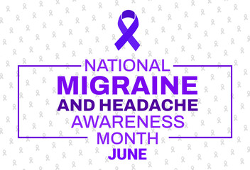 National Migraine and headache awareness month background in minimalist style with purple ribbon and text in the box
