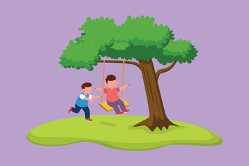 Obraz na płótnie Canvas Cartoon flat style drawing of happy two little boys playing on tree swing. Cheerful kids on swinging under a tree at school. Children playing at outdoor playground. Graphic design vector illustration
