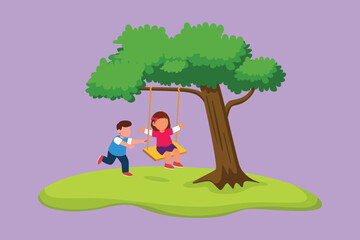 Fototapeta na wymiar Graphic flat design drawing happy little boys and girls playing on tree swing. Cheerful kids on swinging under tree at school. Children playing at outdoor playground. Cartoon style vector illustration