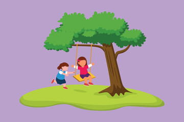 Obraz na płótnie Canvas Cartoon flat style drawing of happy two little girls playing on tree swing. Cheerful kids on swinging under a tree at school. Children playing at outdoor playground. Graphic design vector illustration